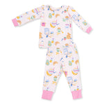 Two-piece pink long sleeve loungewear set with breakfast food print top and matching pants