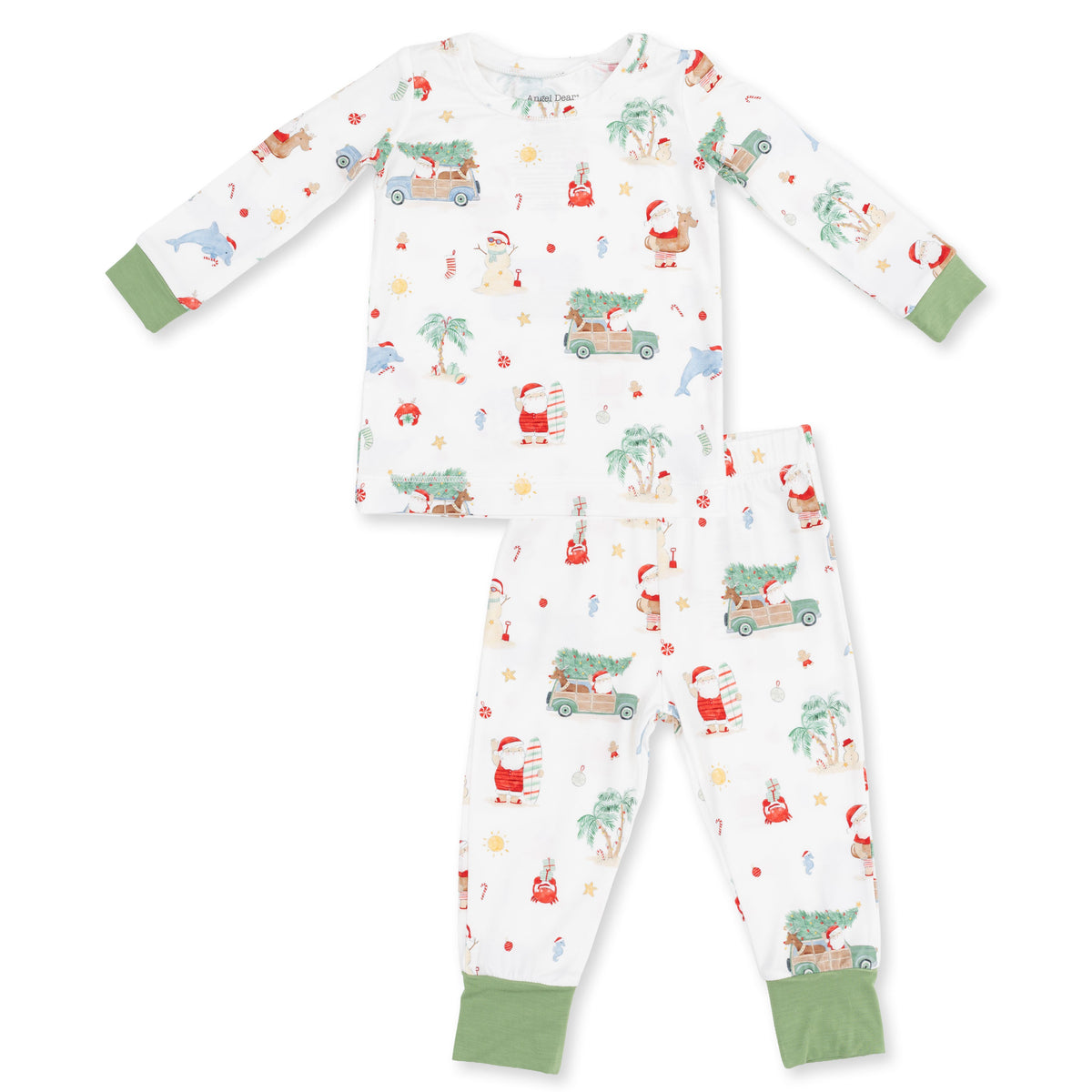Two-piece long sleeve loungewear set with beach Christmas print top and matching pants