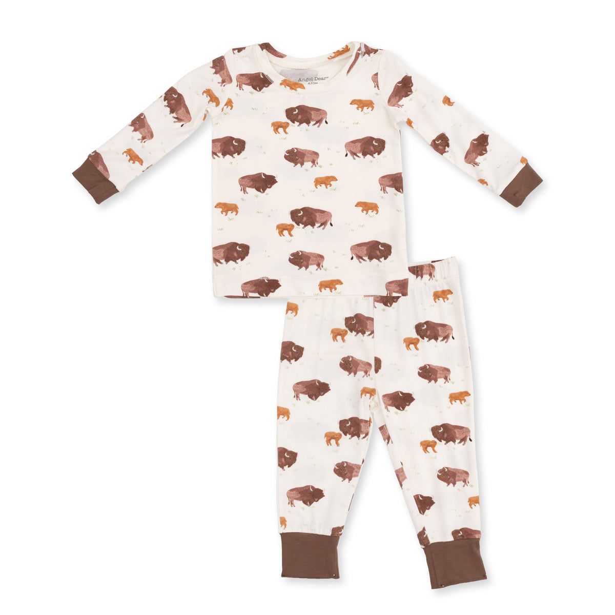 Two-piece baby loungewear set with long sleeve top and pants in an American buffalo print