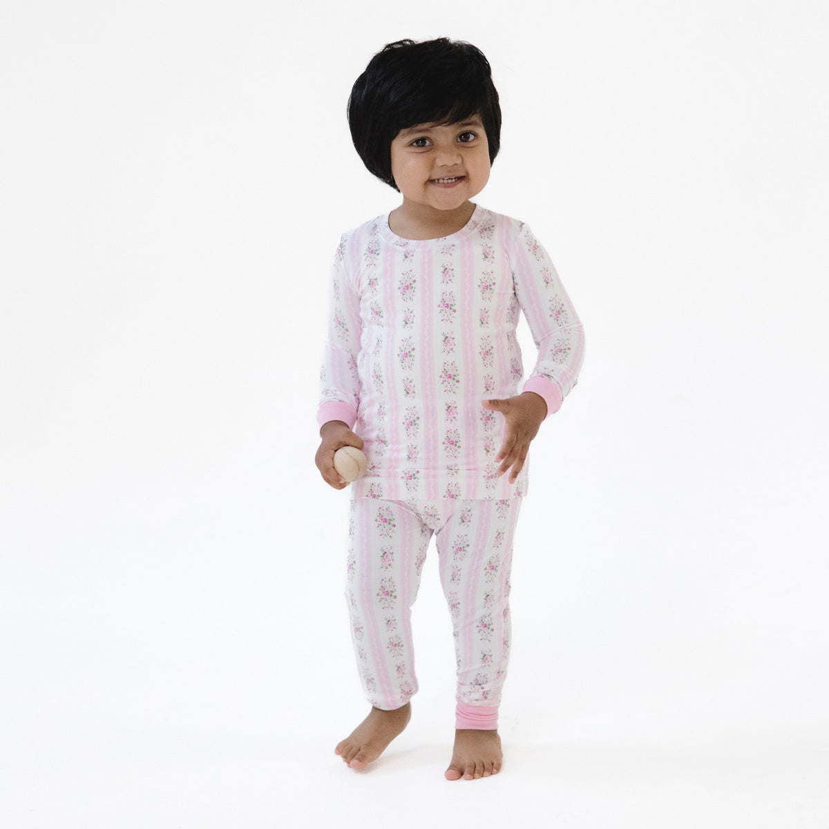 Two-piece long sleeve loungewear set for babies in Bella Rose stripe print with matching long pants