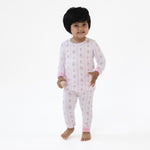 Two-piece long sleeve loungewear set for babies in Bella Rose stripe print with matching long pants