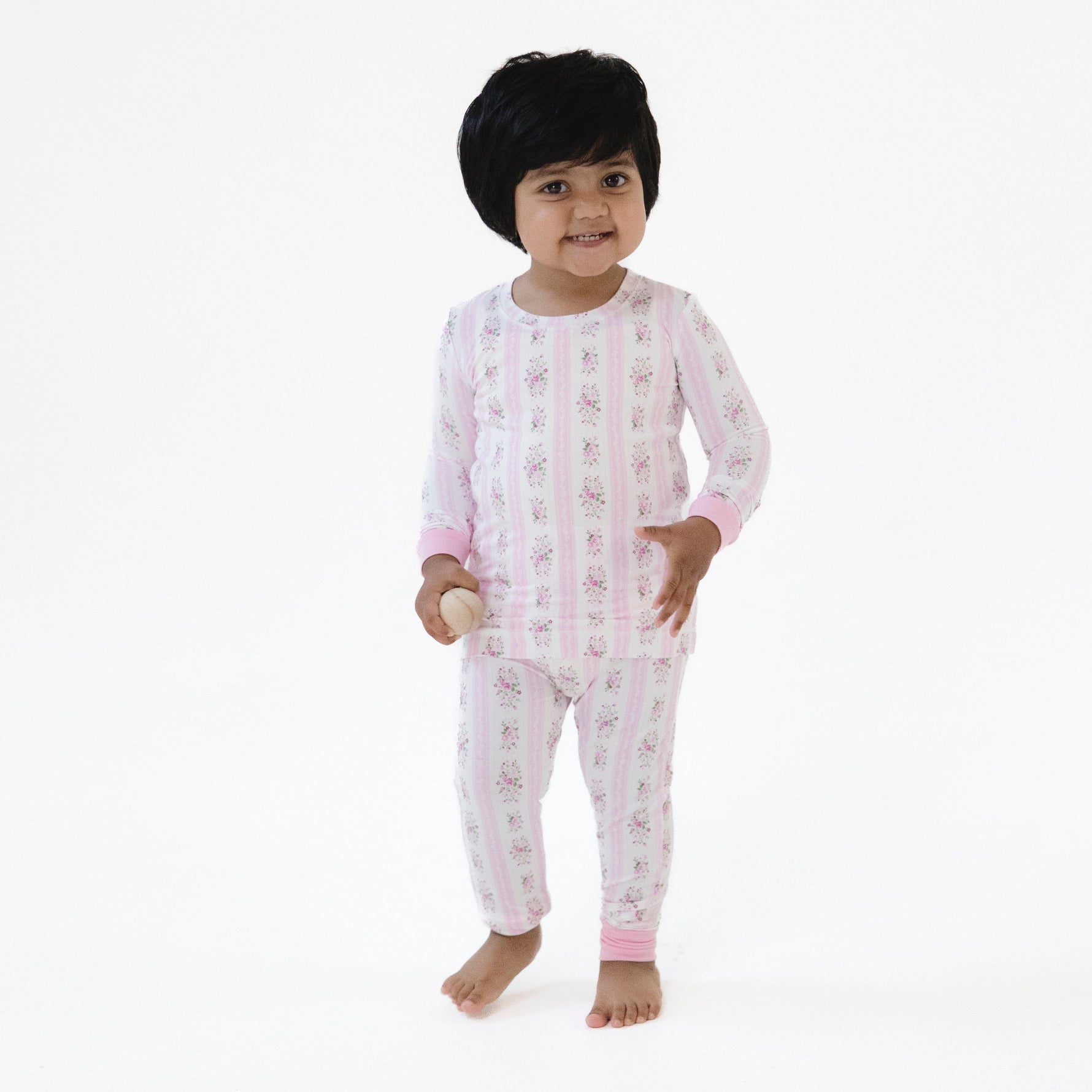 Two-piece long sleeve loungewear set for babies in Bella Rose stripe print with matching long pants