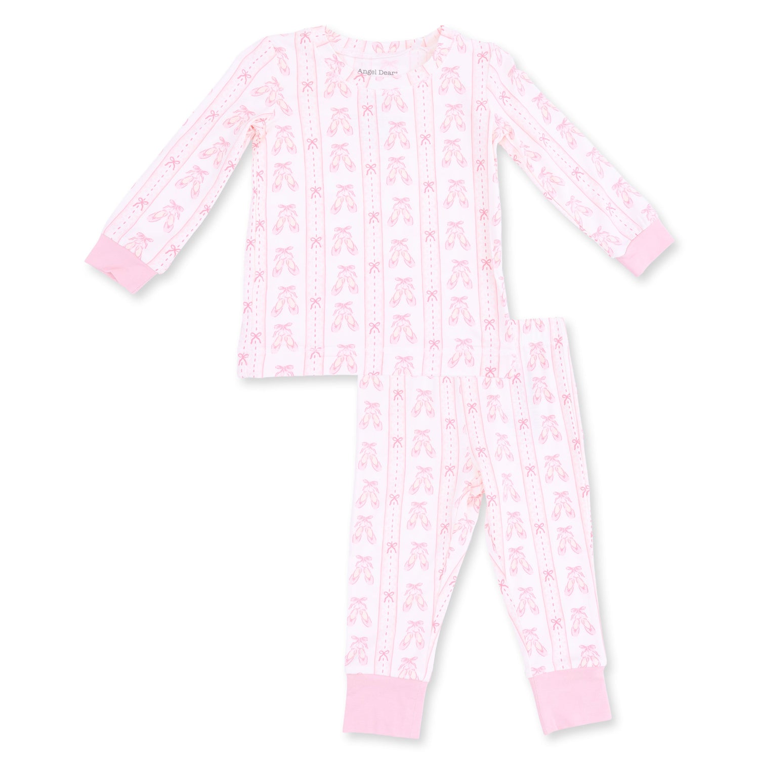 Two-piece long sleeve loungewear set with a ballet shoes and ribbon stripe print top and matching pants