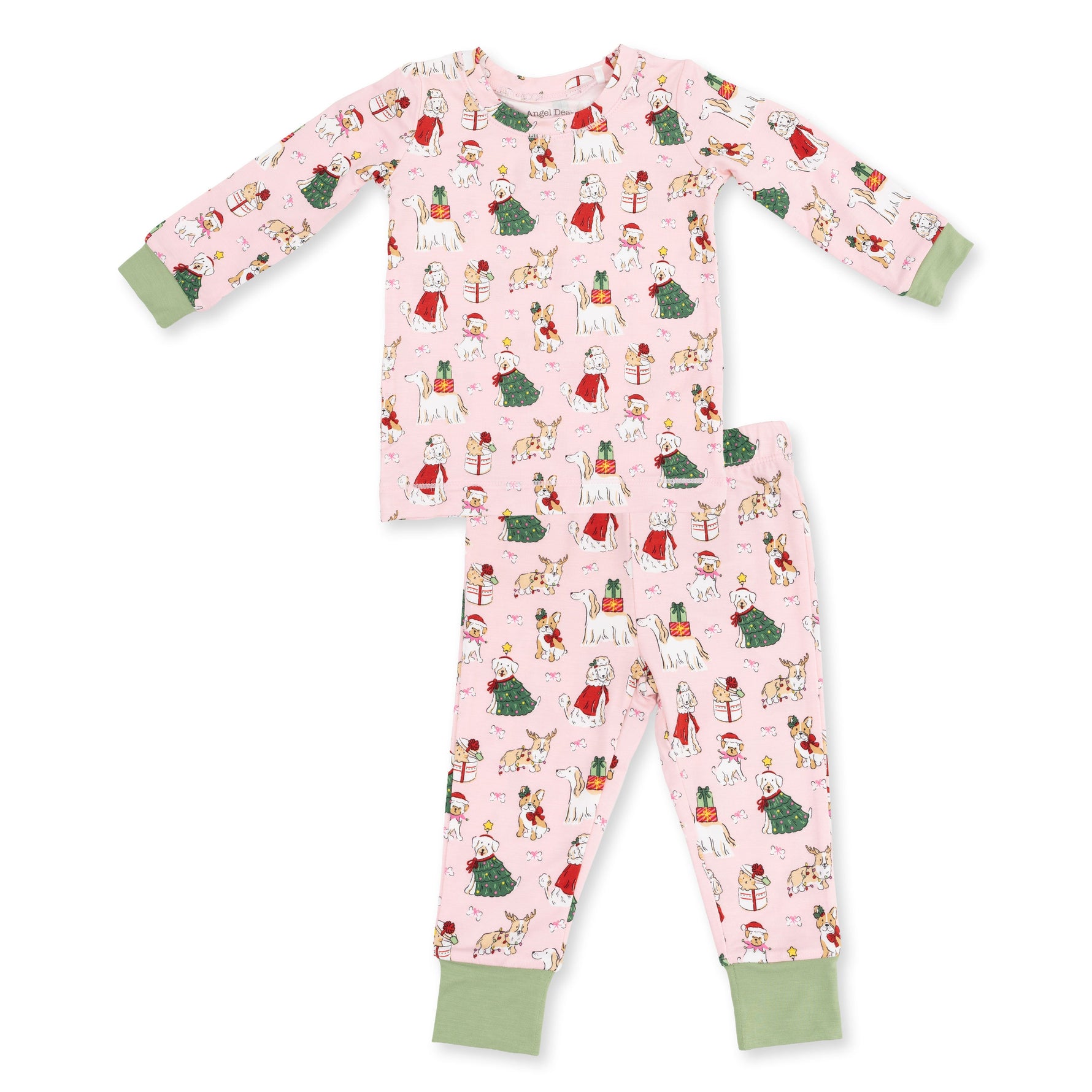 Two-piece long sleeve loungewear set in pink with a Christmas dogs print, shirt and matching pants