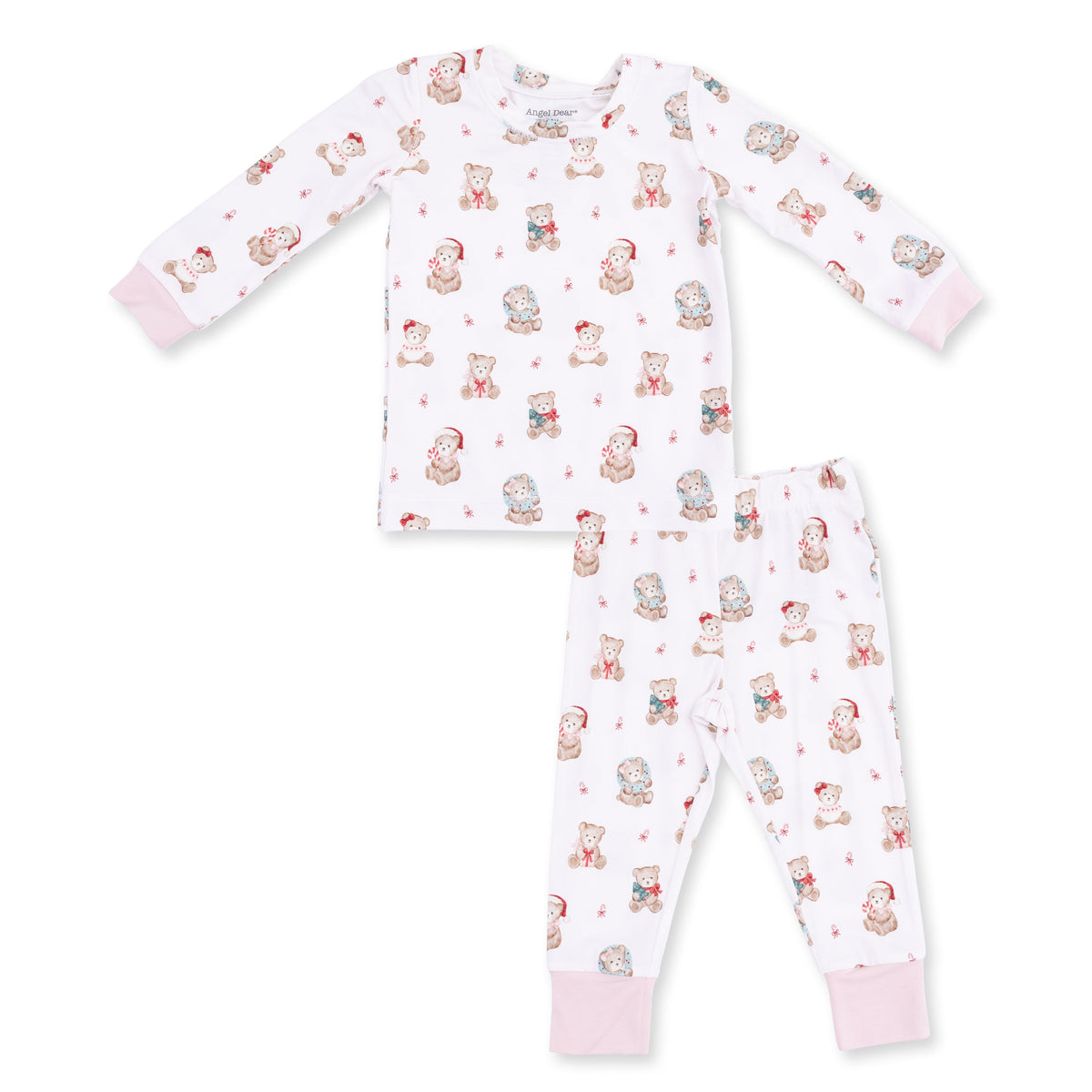 Two-piece long sleeve loungewear set in pink with a Christmas teddy bear print, shirt and matching pants