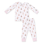 Two-piece long sleeve loungewear set in pink with a Christmas teddy bear print, shirt and matching pants