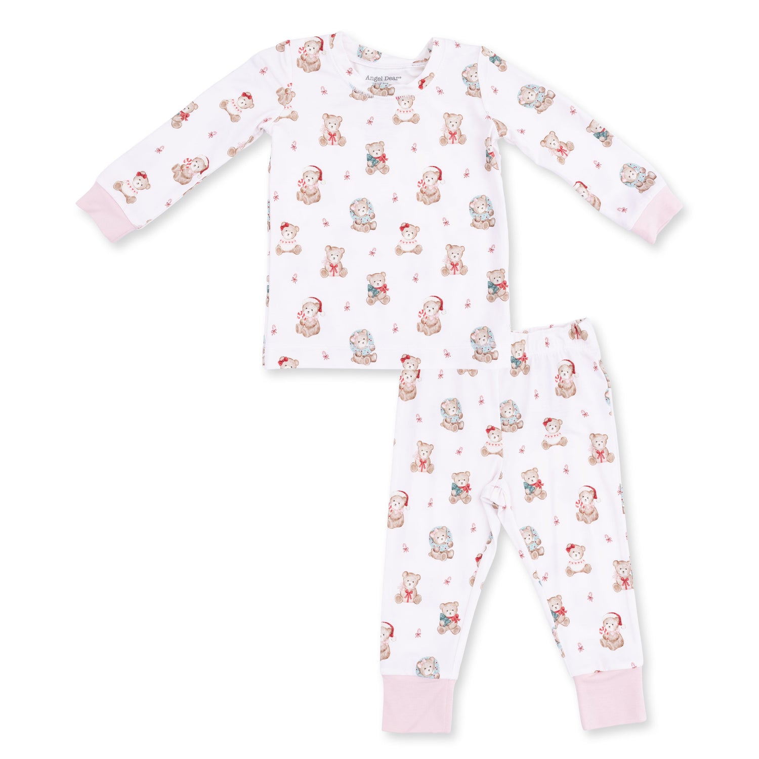 Two-piece long sleeve loungewear set in pink with a Christmas teddy bear print, shirt and matching pants