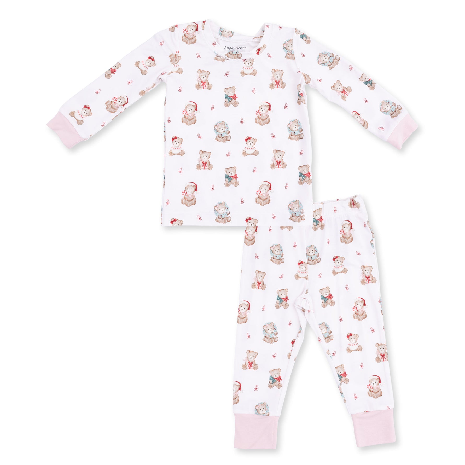 Two-piece long sleeve loungewear set in pink with a Christmas teddy bear print, shirt and matching pants