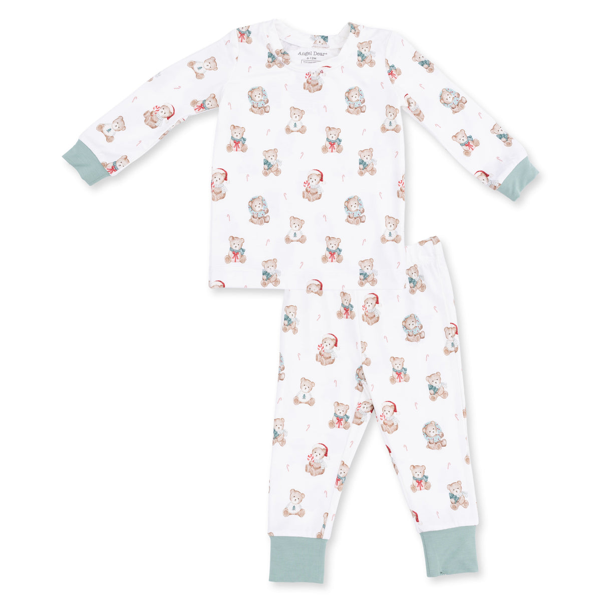 Two-piece long sleeve loungewear set with long pants in a Christmas teddy bear print