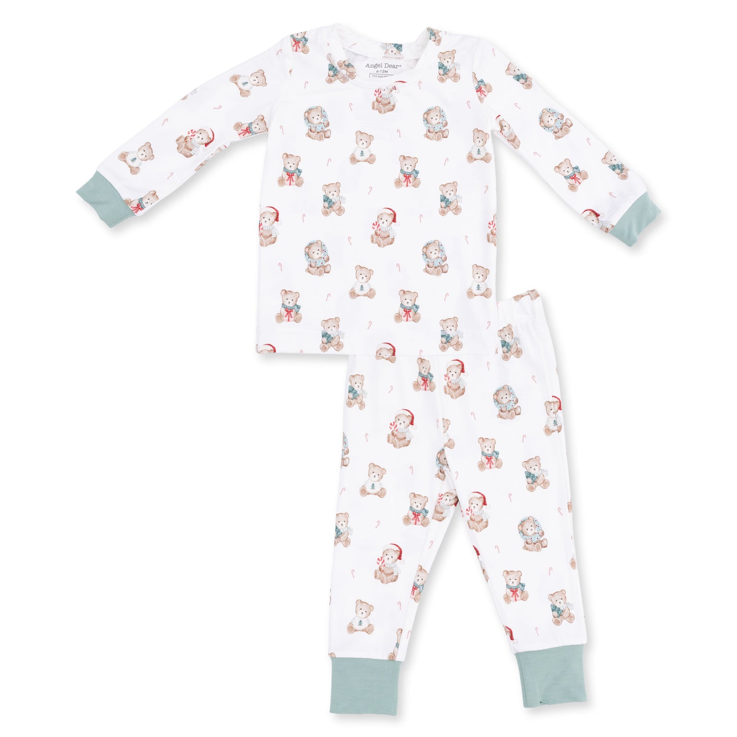 Two-piece long sleeve loungewear set with long pants in a Christmas teddy bear print