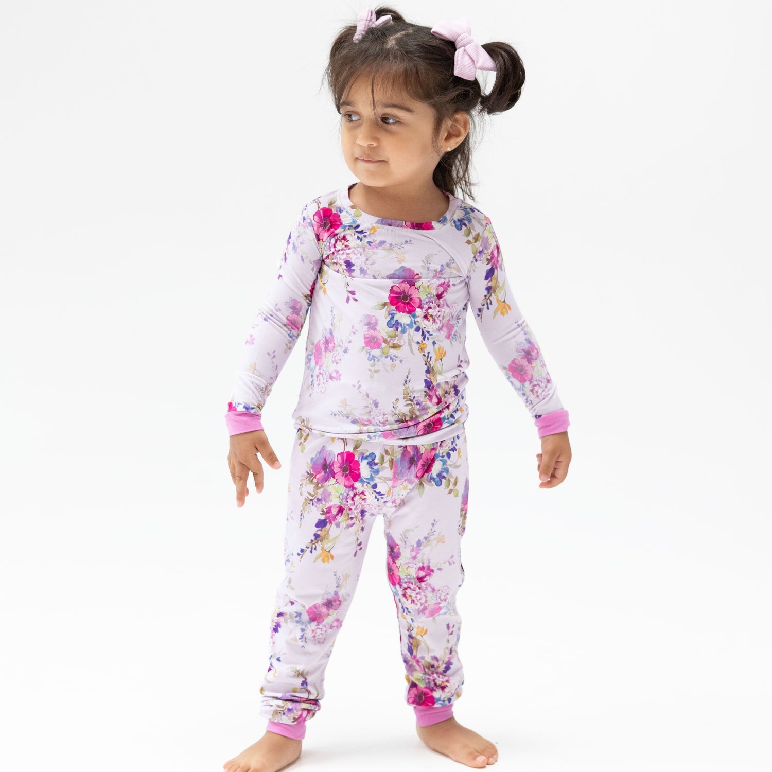 Two-piece long-sleeve loungewear set with a dahlia floral print top and matching pants