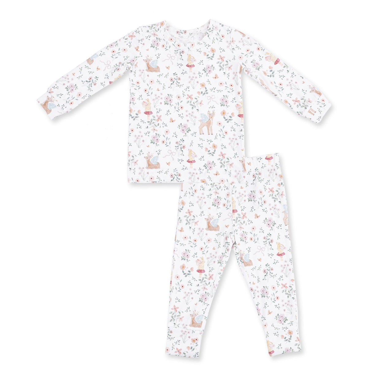 Two-piece long sleeve baby loungewear set with an enchanted woodland print top and matching pants