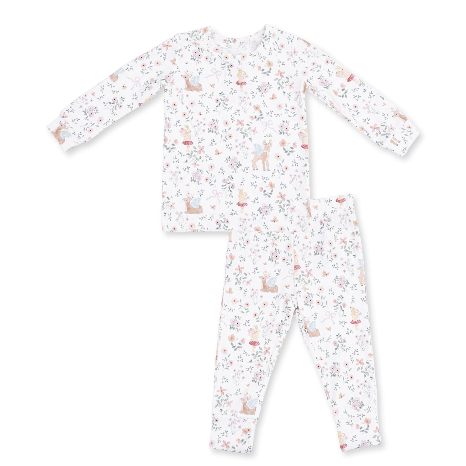 Two-piece long sleeve baby loungewear set with an enchanted woodland print top and matching pants