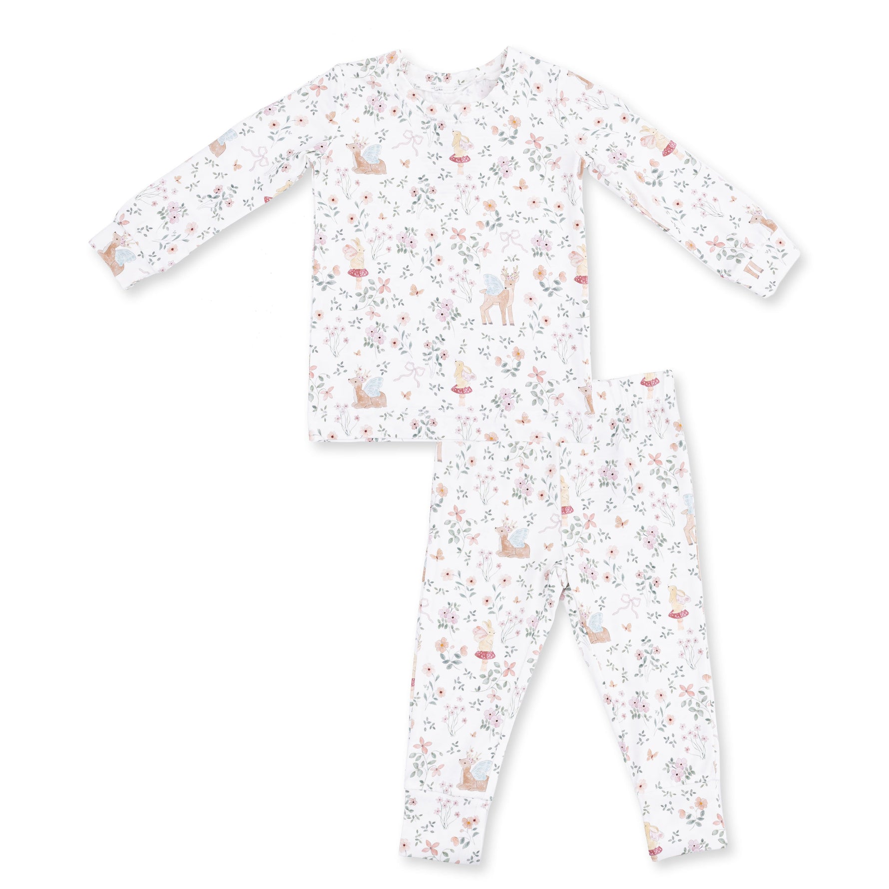 Two-piece long sleeve baby loungewear set with an enchanted woodland print top and matching pants