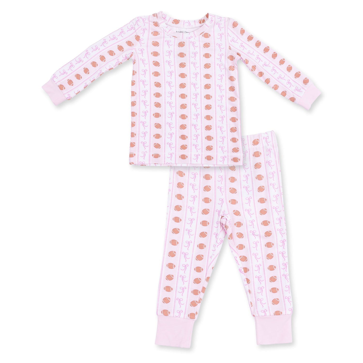 Two-piece long sleeve loungewear set with a football and bow stripe print, top and matching pants.