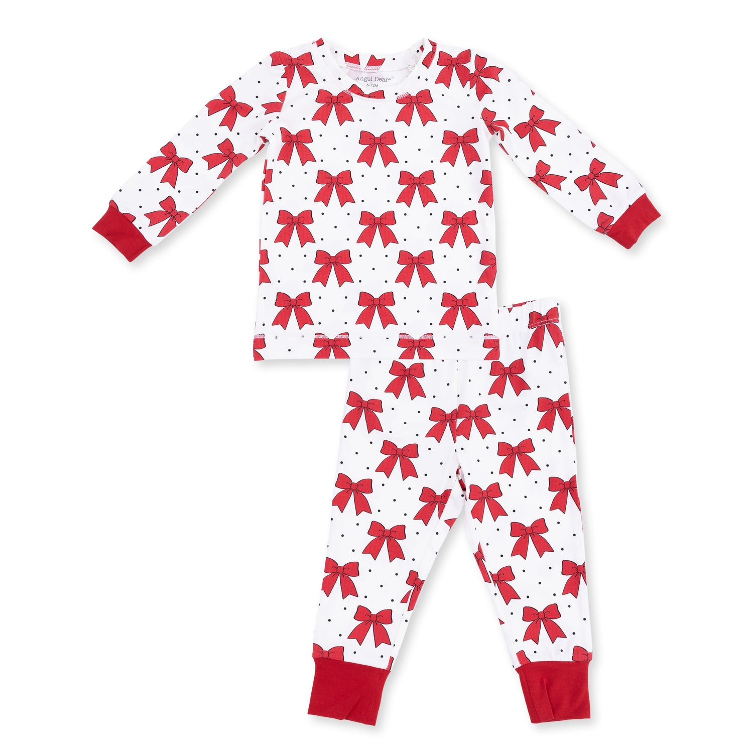 Two-piece long sleeve baby loungewear set with festive bow print top and matching pants