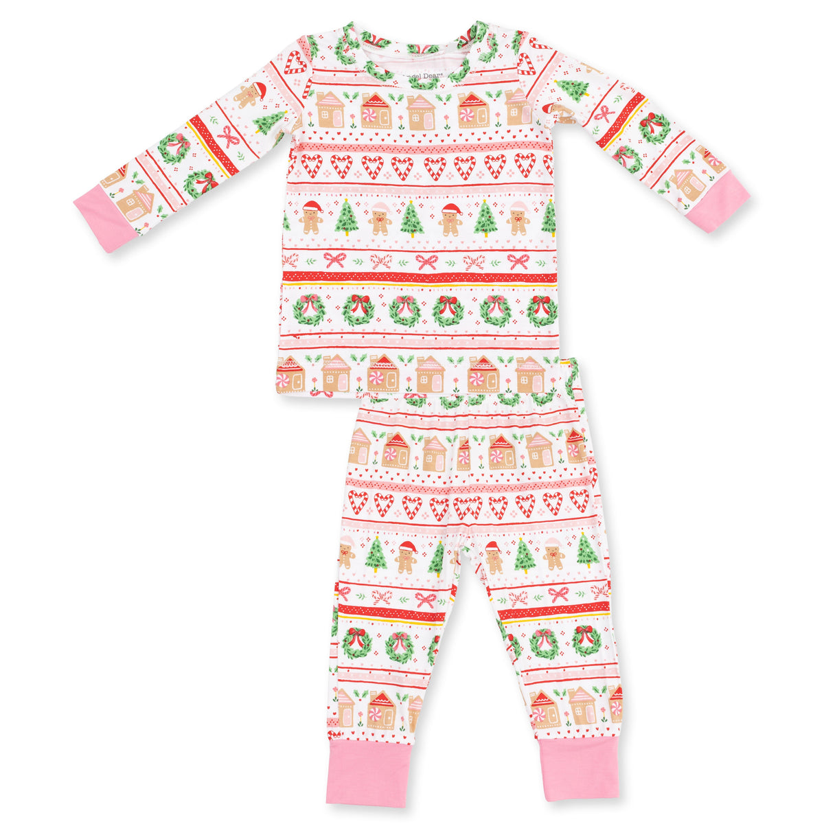 Baby long sleeve loungewear set with pink gingerbread fair isle print, matching long sleeve top and pants