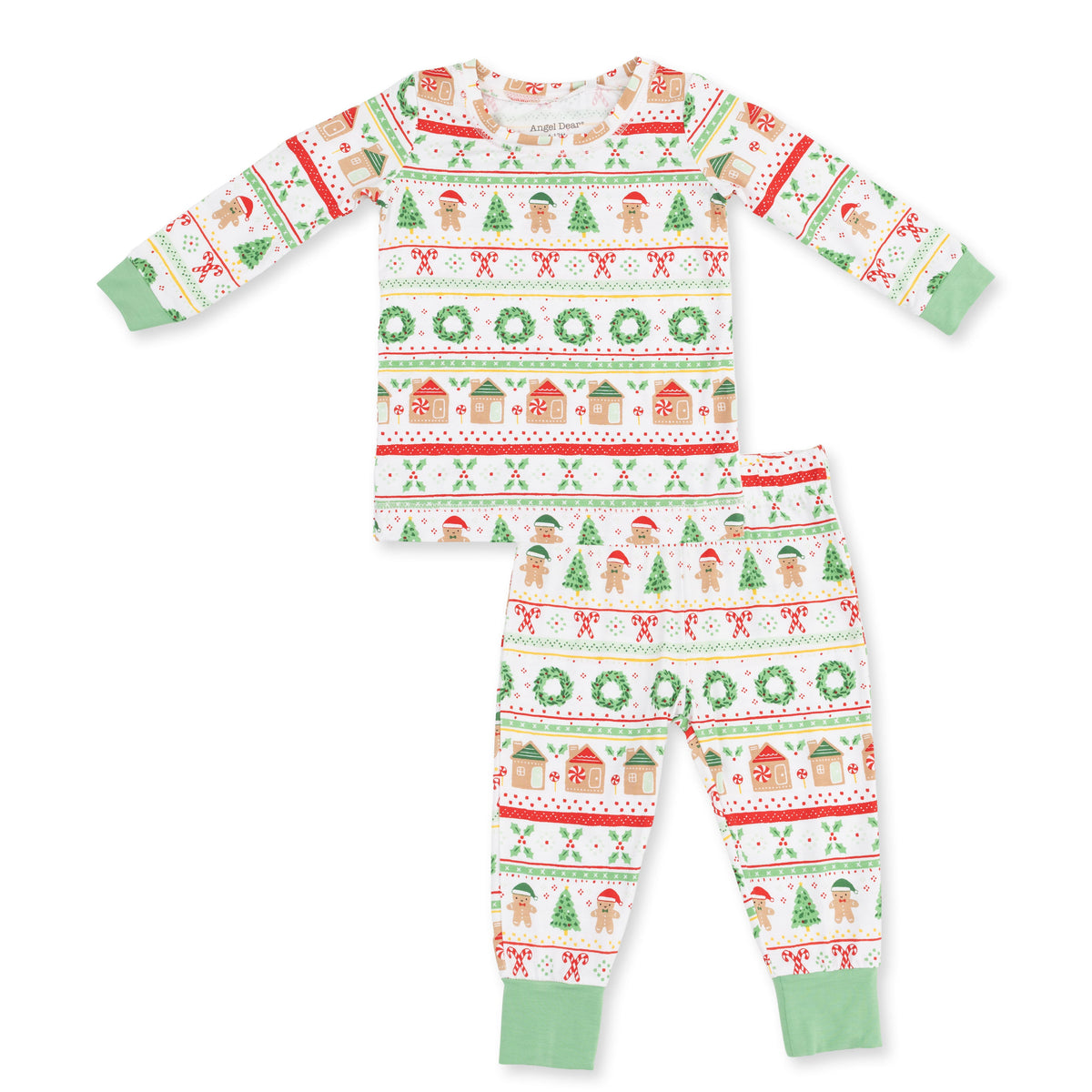 Two-piece baby loungewear set with long sleeve top and pants in a gingerbread fair isle print