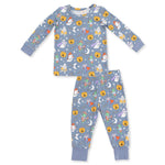 Two-piece blue long sleeve loungewear set with Halloween monster dress-up print on top and pants