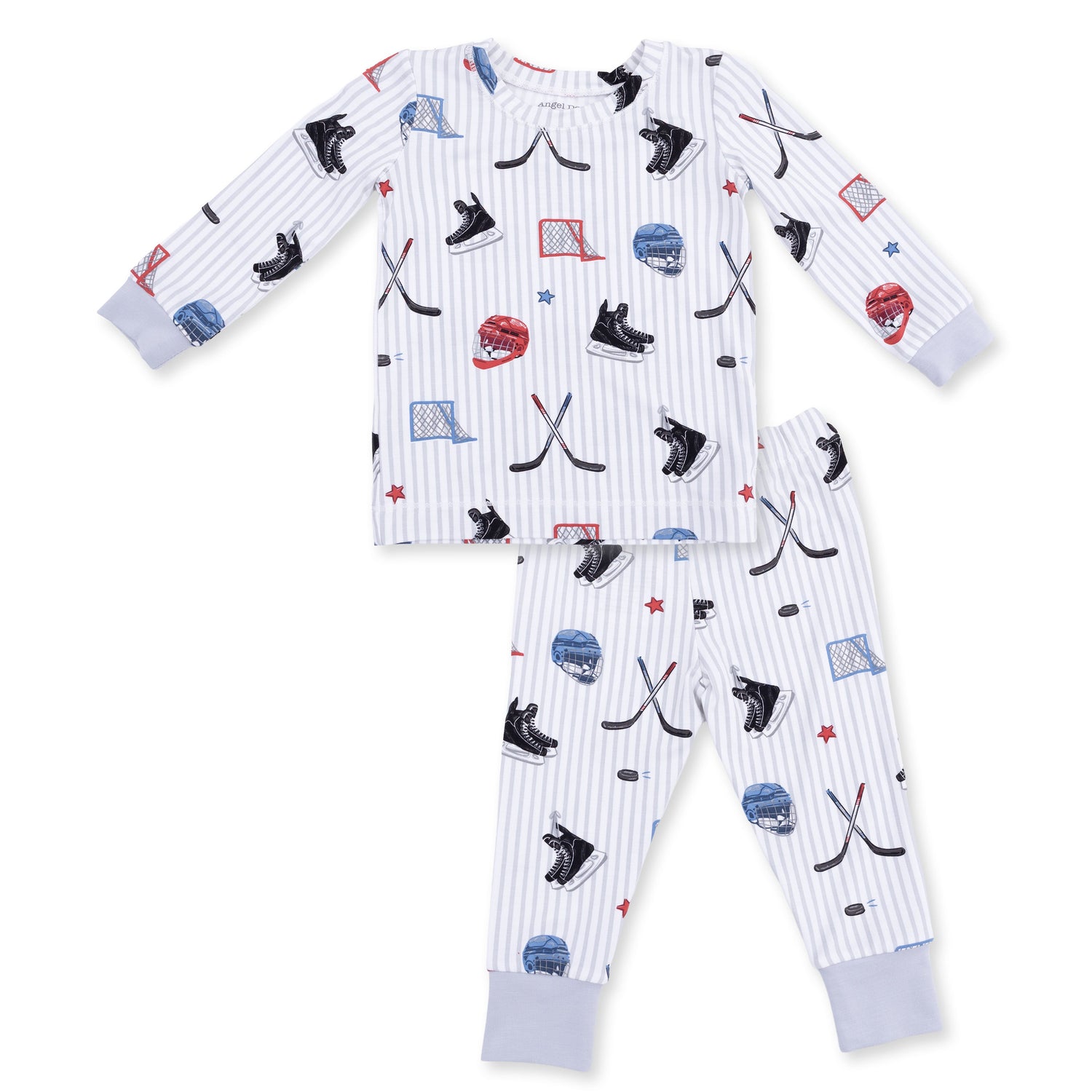 Two-piece long sleeve baby loungewear set with hockey stripe pattern, matching top and pants