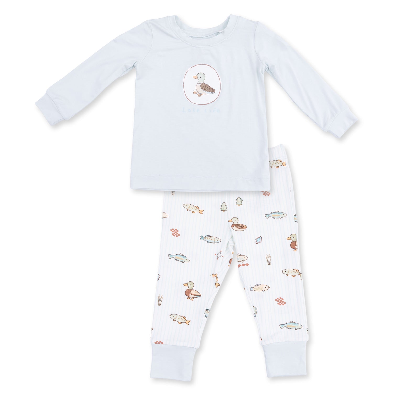 Two-piece long sleeve loungewear set with a Lake Cuties print of lakeside animals on top and pants.