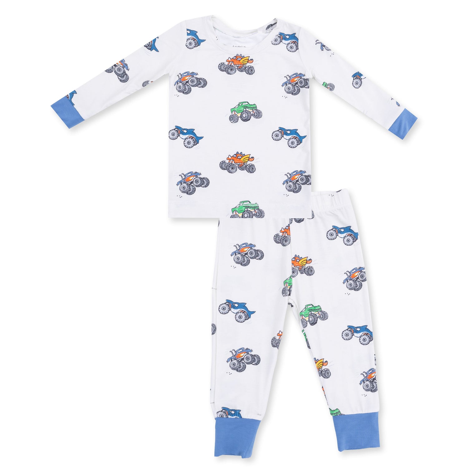 Two-piece long sleeve loungewear set with a monster truck print top and matching pants.