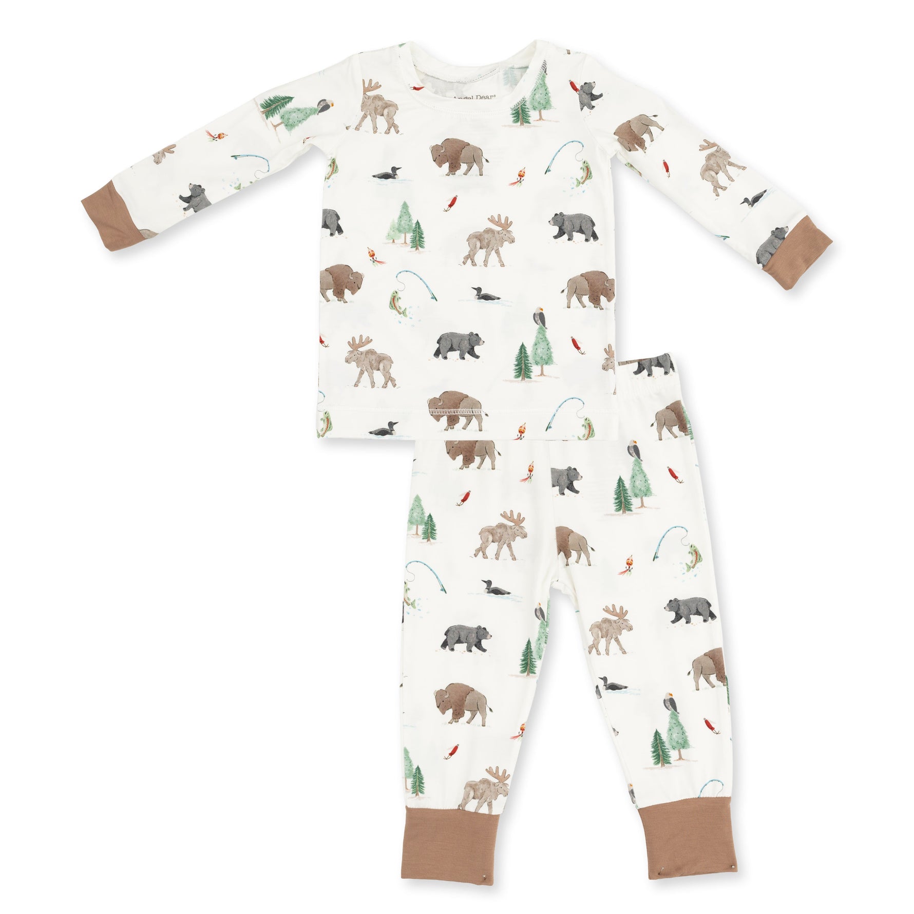 Two-piece baby loungewear set with long sleeve top and pants in a northern woodland animals print