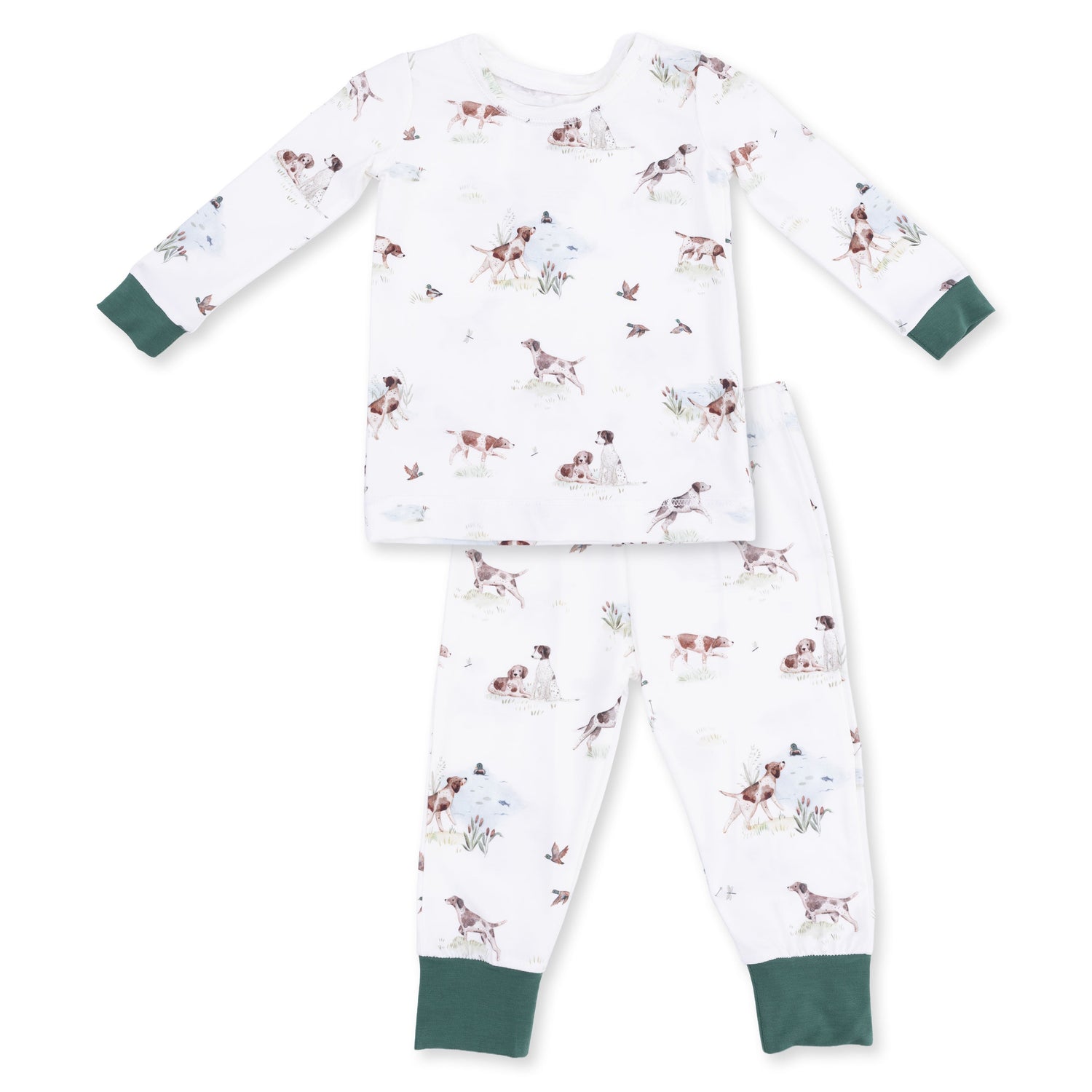 Two-piece long-sleeve baby loungewear set with a pointer pups and duck buddies print, long-sleeve top and pants.