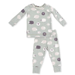 Two-piece long sleeve baby loungewear set with black sheep print on top and matching pants