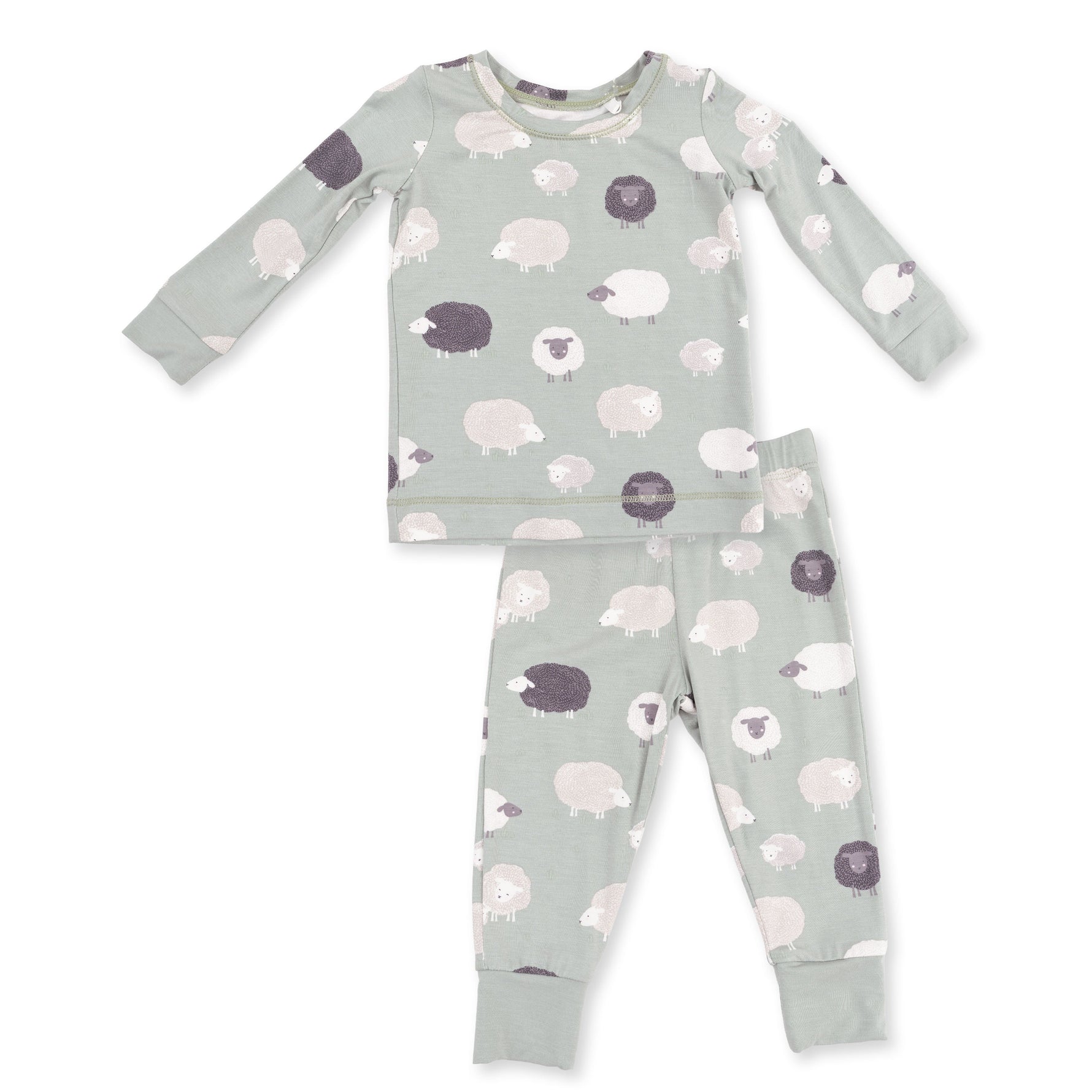 Two-piece long sleeve baby loungewear set with black sheep print on top and matching pants