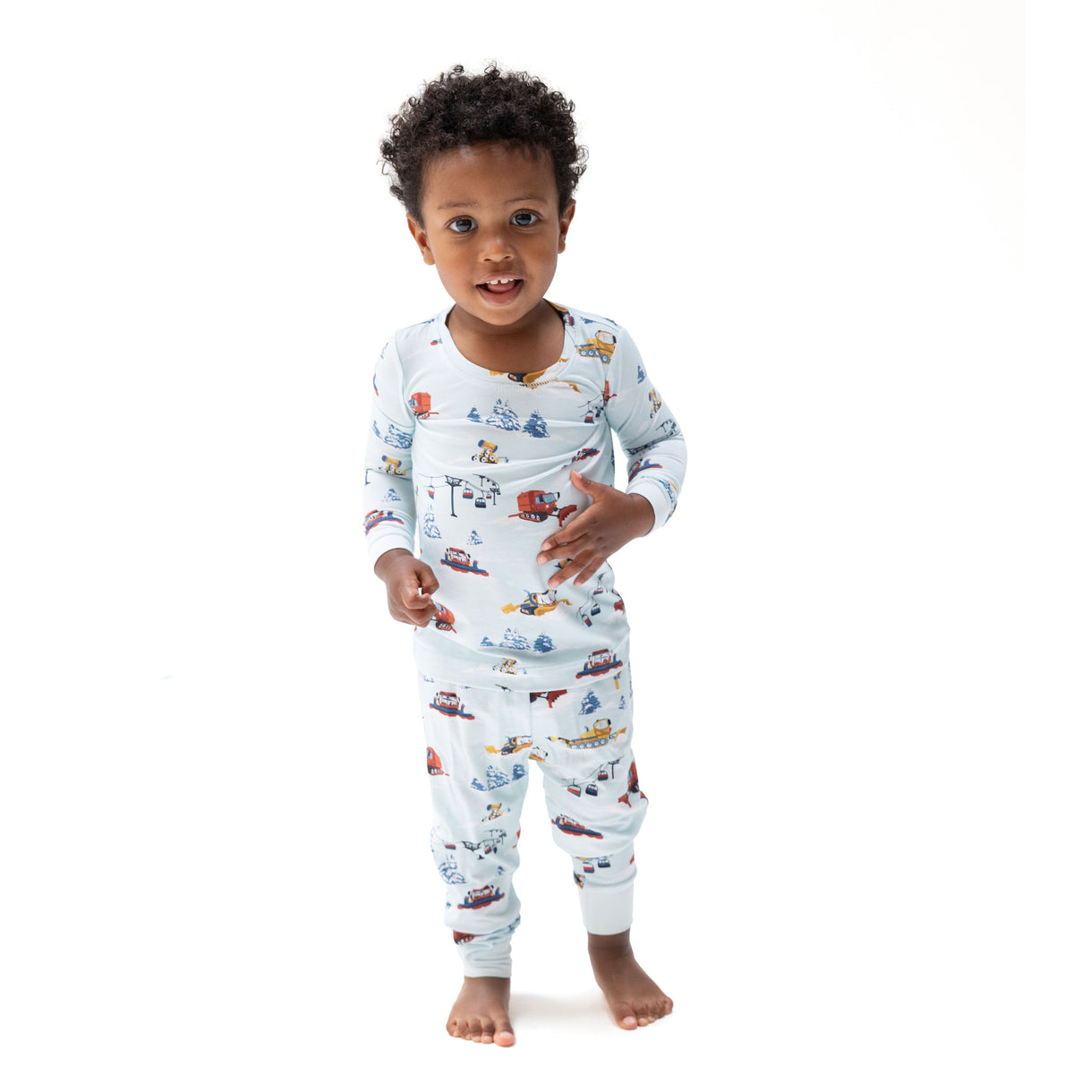 Long sleeve loungewear set with long pants in a snow cats print on a snowy background