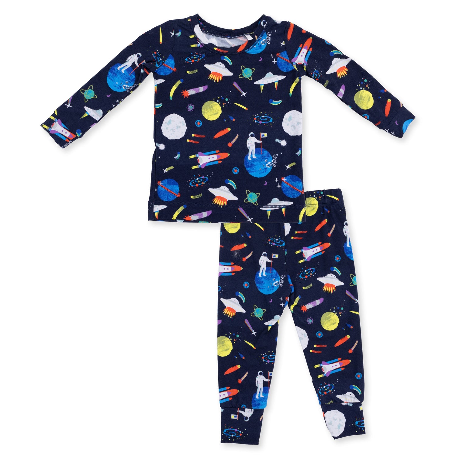 Long-sleeve loungewear set with an astronaut and rockets print top and matching pants.