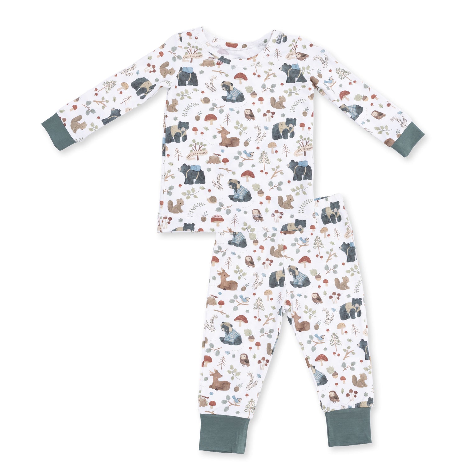 Two-piece long sleeve loungewear set in green with a Southern woodland animals print, top and pants