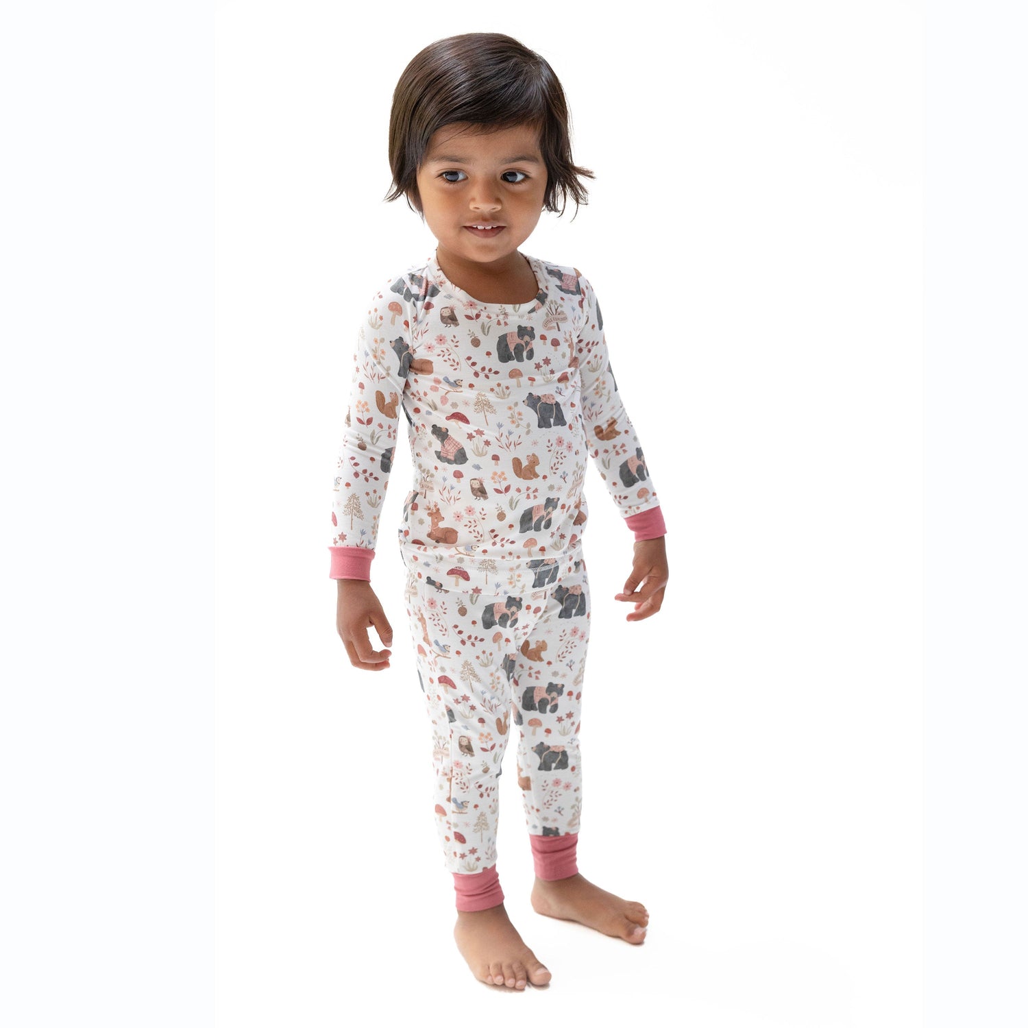 Pink long-sleeve loungewear set with woodland animals, top and matching pants