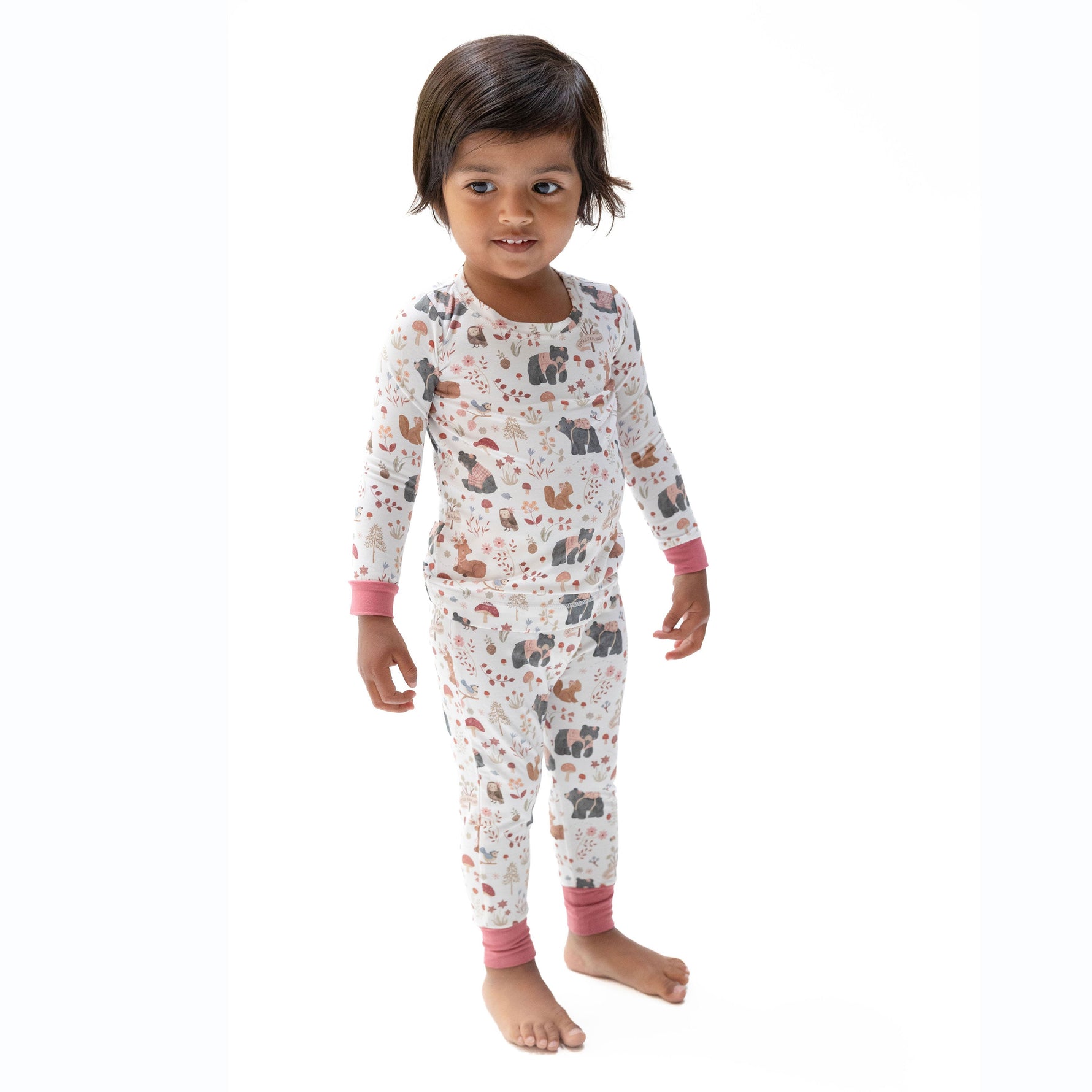 Pink long-sleeve loungewear set with woodland animals, top and matching pants