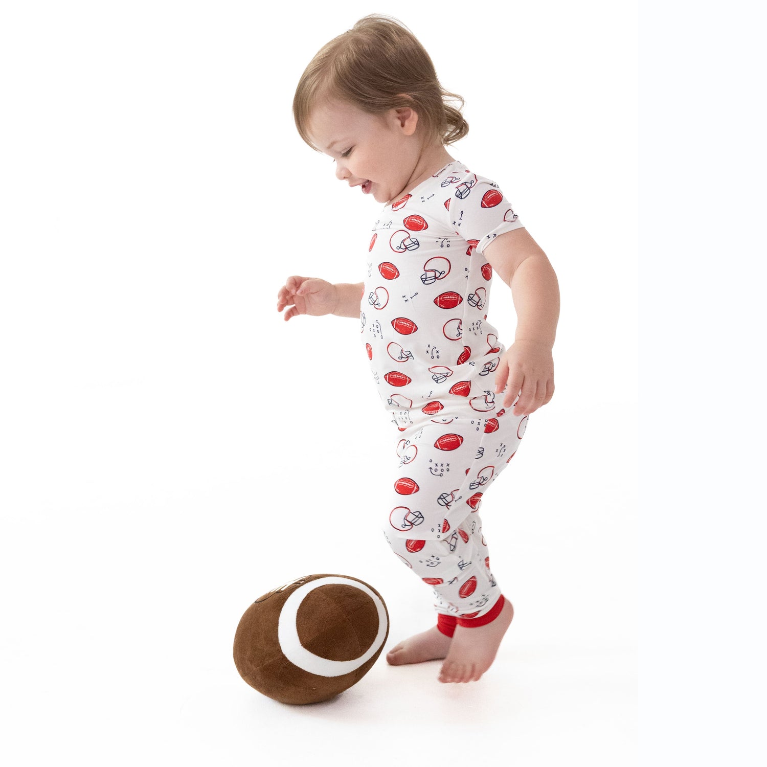 Short sleeve loungewear set with football print top and matching pull-on pants