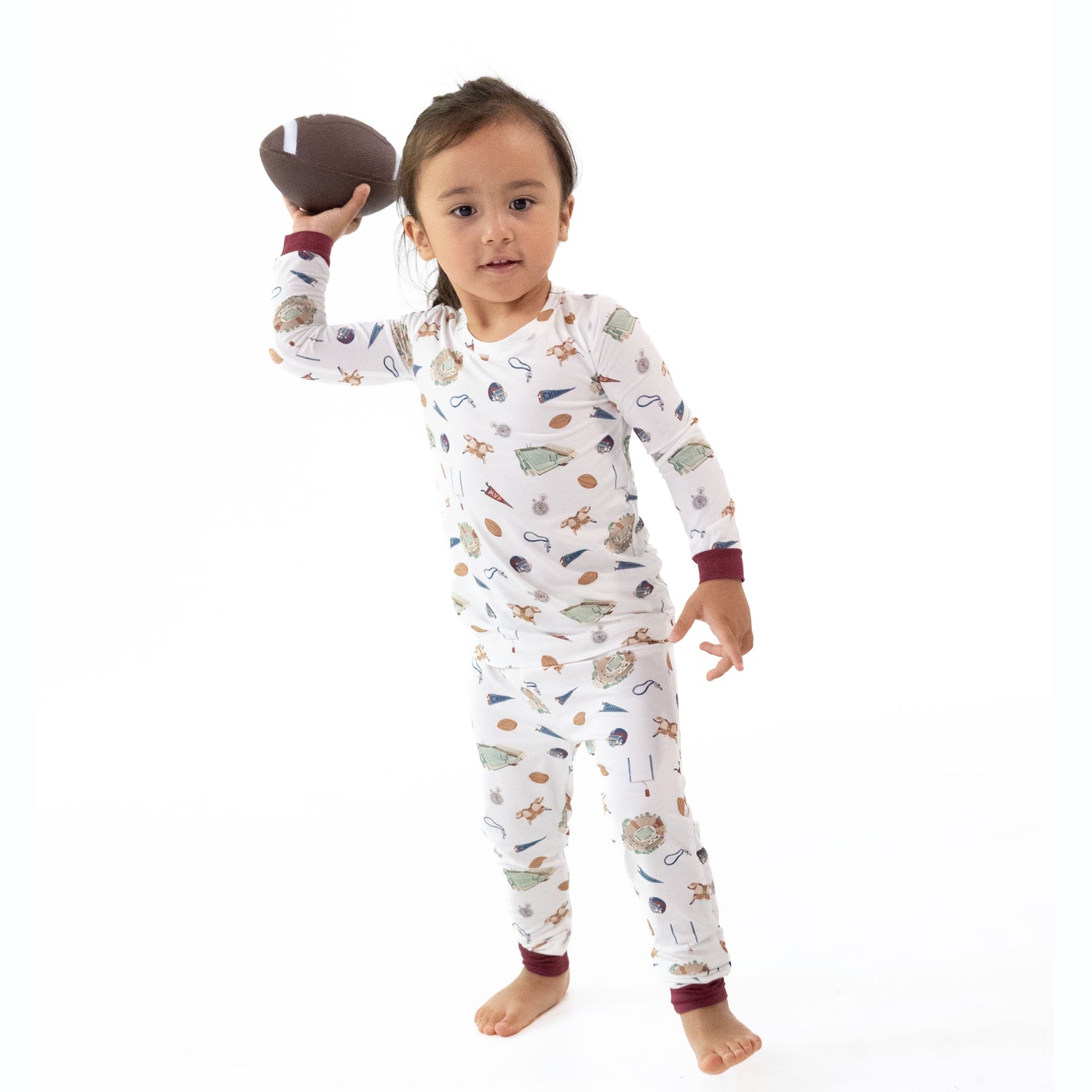 Two-piece long sleeve loungewear set with a vintage football print on the top and matching pants