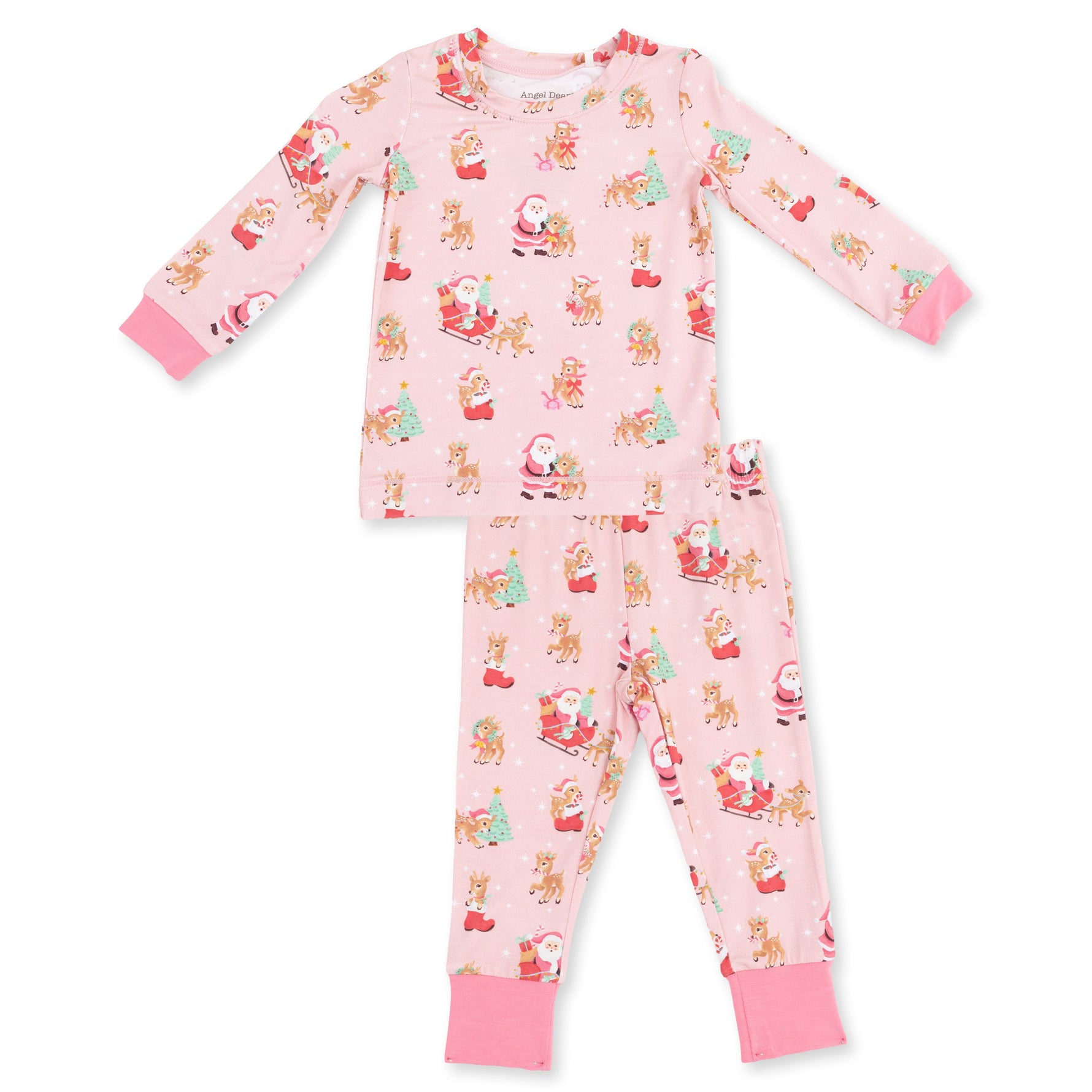 Two-piece long sleeve loungewear set in pink with vintage reindeer and Santa print on top and pants
