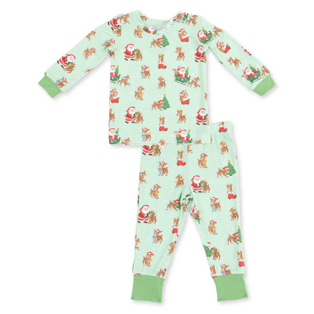 Two-piece long sleeve baby loungewear set with vintage reindeer and Santa print on top and pants