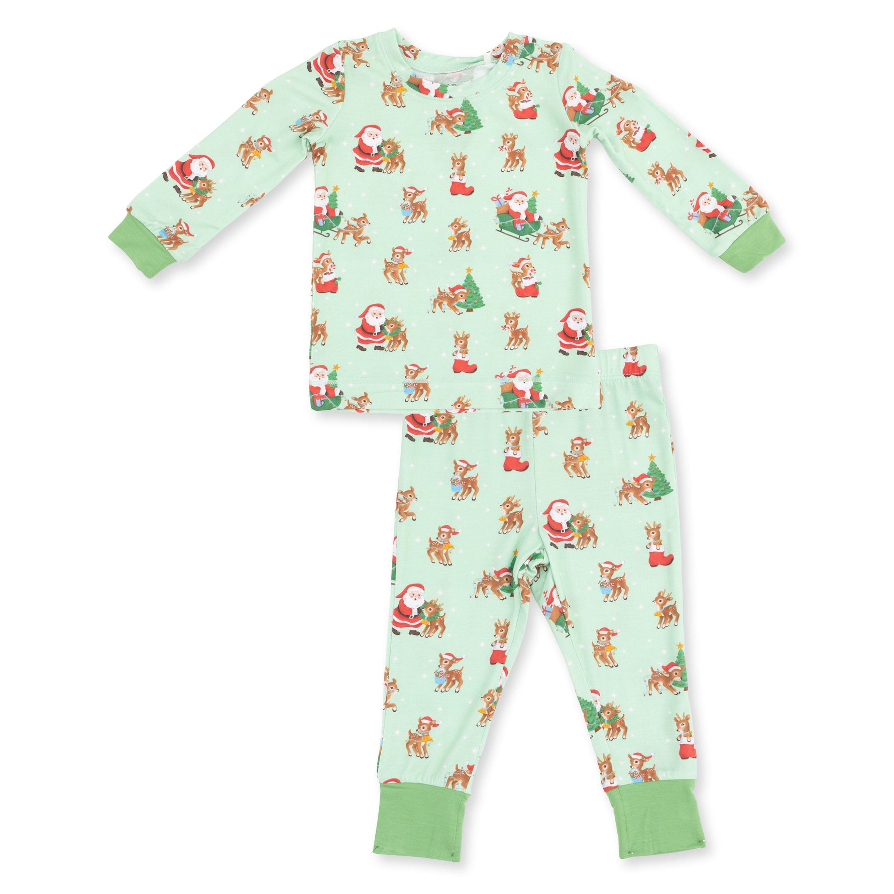Two-piece long sleeve baby loungewear set with vintage reindeer and Santa print on top and pants