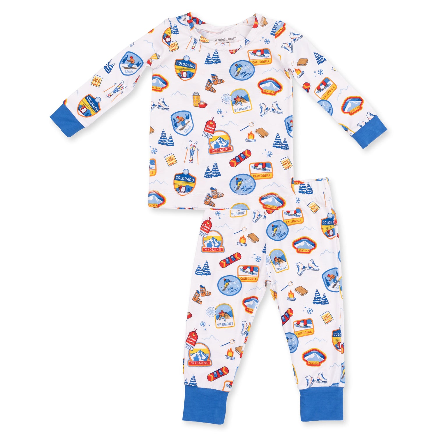 Two-piece long sleeve loungewear set with a vintage ski patch print top and matching pants.