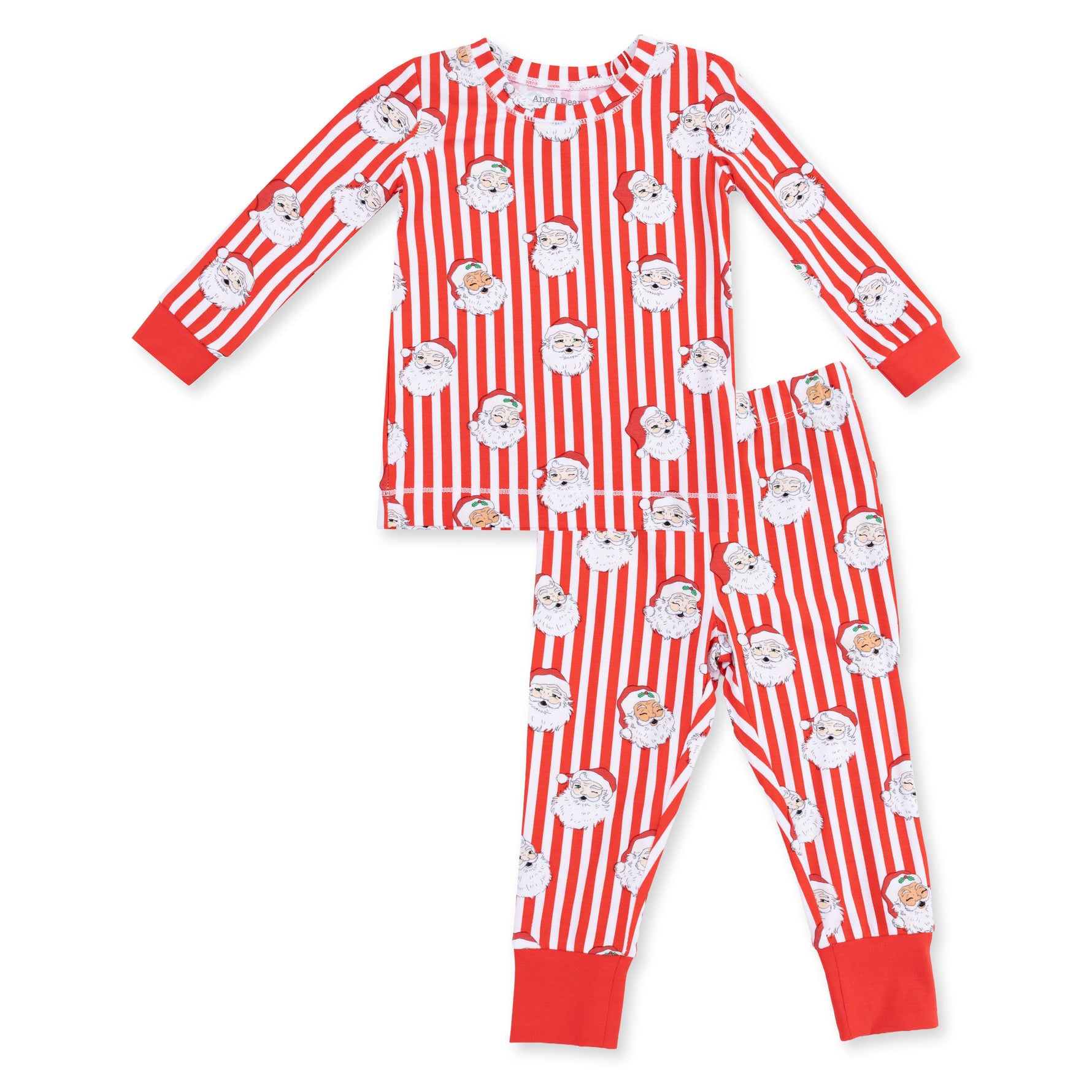 Two-piece baby loungewear set with long sleeve top and pants in a vintage Santa stripe print