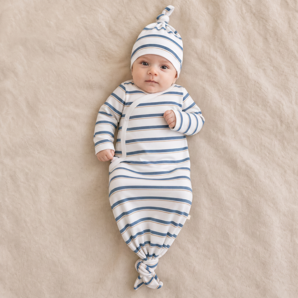 Organic Kimono Knotted Sleep Gown - Navy Stripe by Makemake Organics