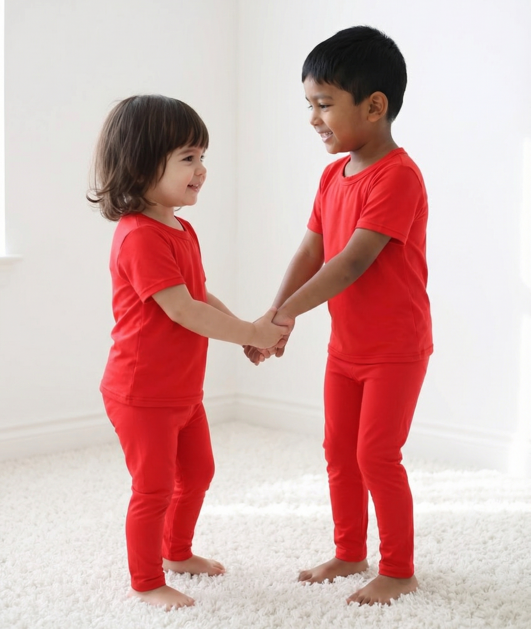 Ruby red short-sleeve baby pajama set, top and matching bottoms