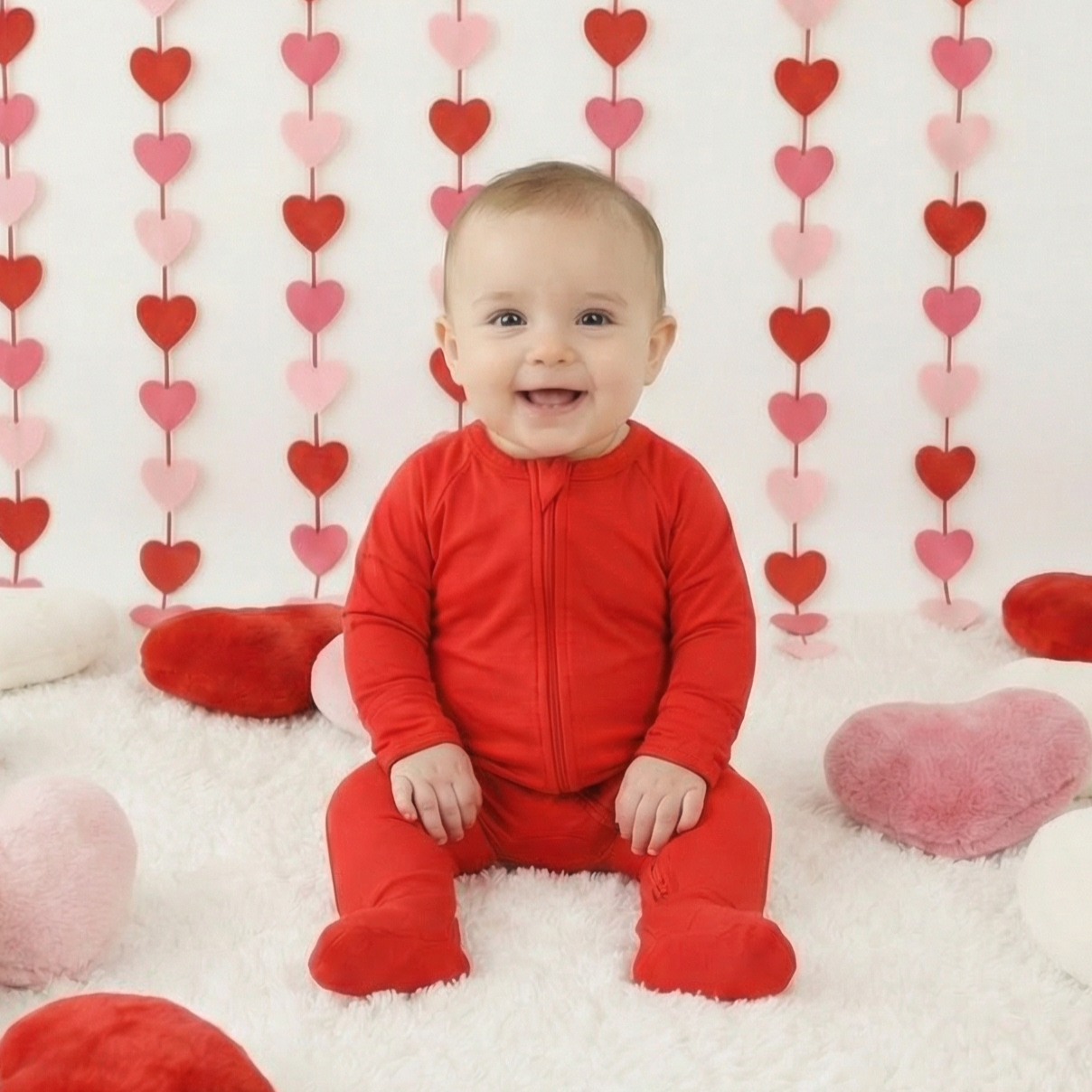 Ruby red footed baby pajamas with two-way front zipper and covered feet