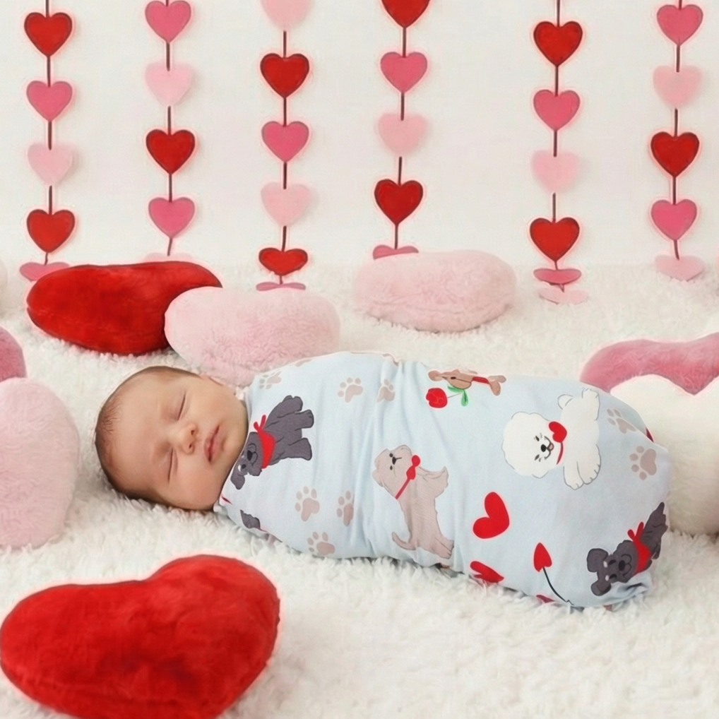 Puppy love swaddle blanket with pink puppy and heart print, spread flat