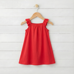 Ruby red flutter sleeve baby dress with a flowy skirt and short ruffled sleeves