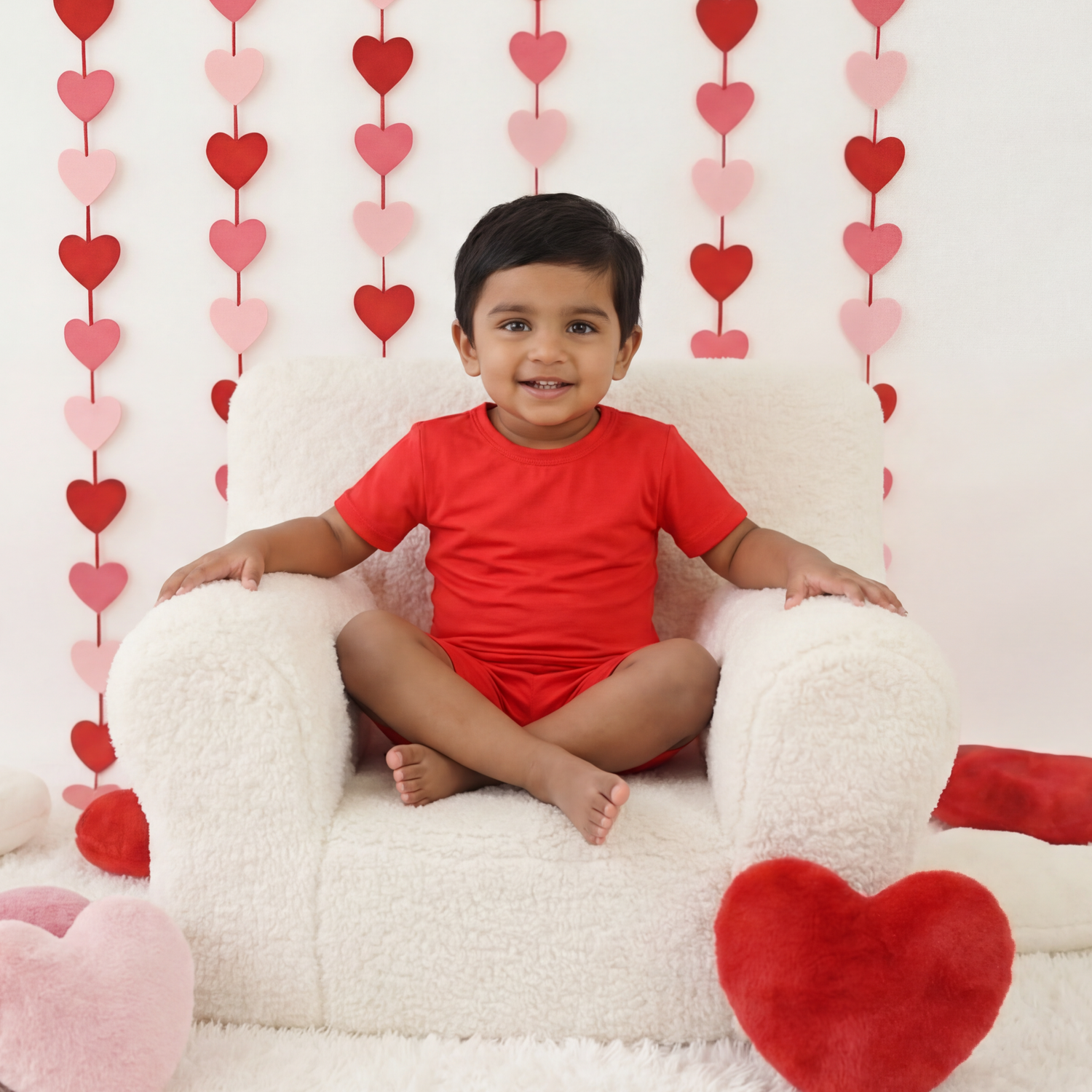 Ruby red short-sleeve pajama top and matching shorts for a toddler