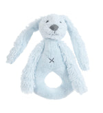Blue soft rabbit rattle toy with long ears and a rounded body