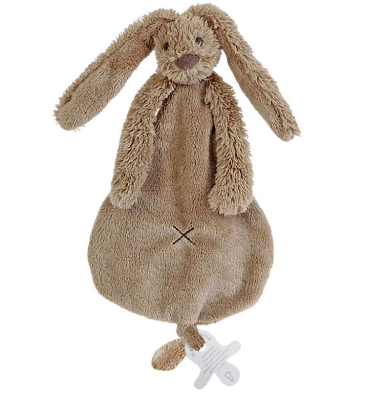 Brown rabbit cuddle cloth with long floppy ears and soft arms, made as a comfort blanket for babies